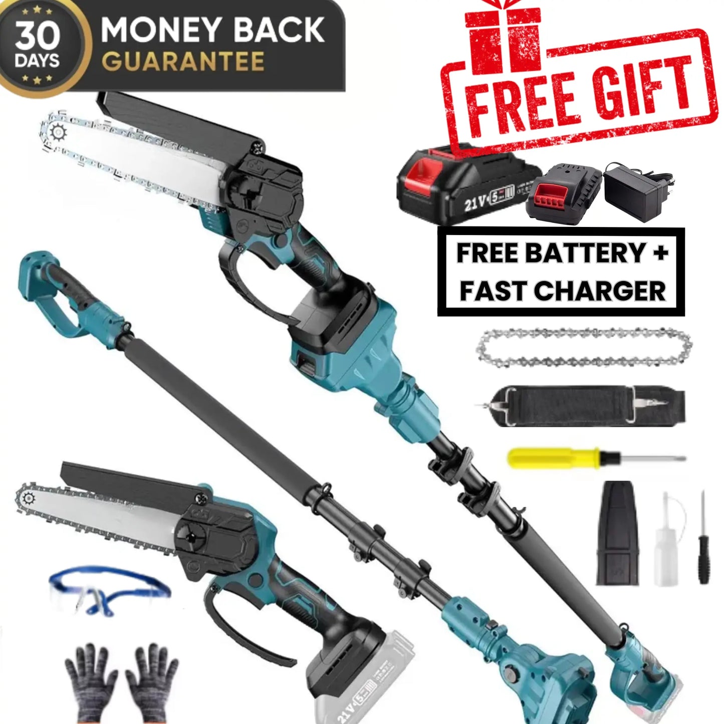 KELVICK PR1 - 2-in-1 Cordless Pole Chainsaw Pro + Free Battery & Charger